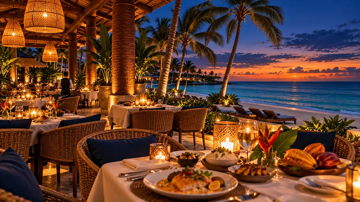 Evening tables on the terrace of the Grand Horizon restaurant, with lanterns and palms by the beach